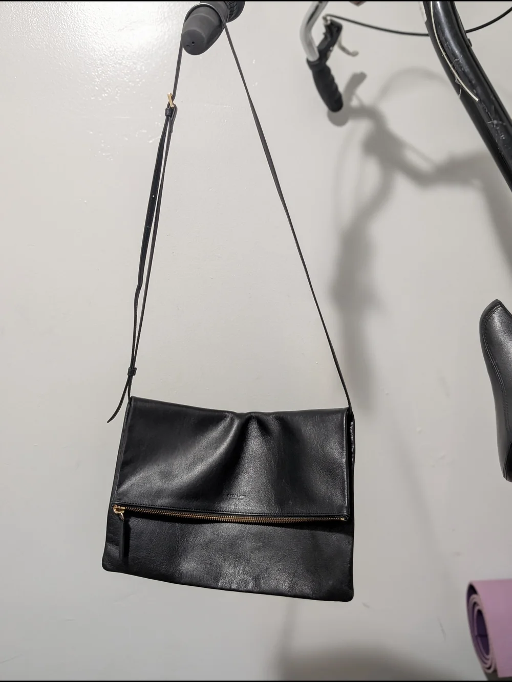 Everlane Black Leather Foldover Crossbody with Gold Zip